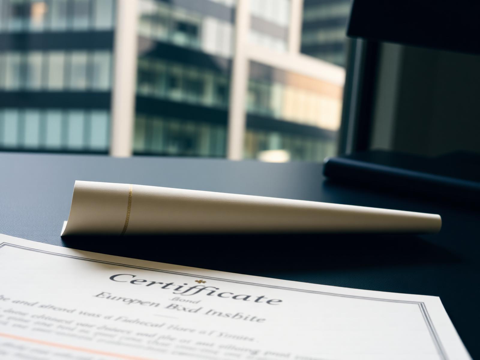 European bond certificate on an institutional desk